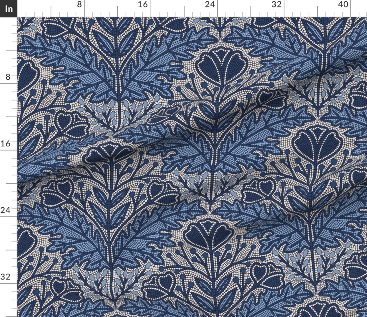 Art Deco Floral Bohemian Nouveau Farmhouse Faux Tile Cottagecore Botanical Nature Leaves Flowers Monochromatic Blue Large Scale European Custom Printed Fabric by Spoonflower Various Fabrics by the Yard or Fat Quarter